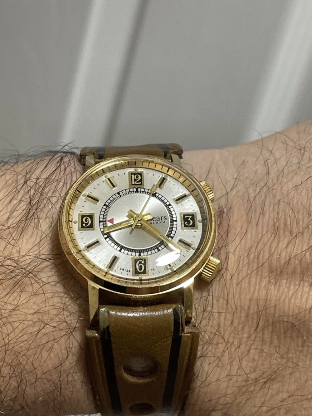 Vintage Sears Alarm Mechanical Mens Watch Swiss Made Gold Tone 2-Crown 34mm